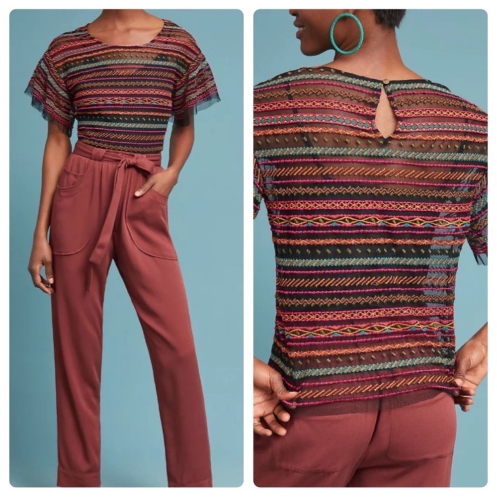 Anthropologie Maeve Naples Sheer Embroidered Top women’s size Medium multi color